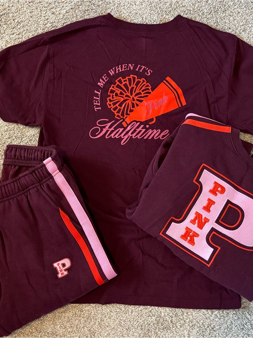 PINK Victoria's Secret Maroon sweatshirt, tshirt, pants set.
